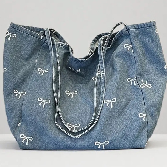Handbags - Denim Bow Print Tote New